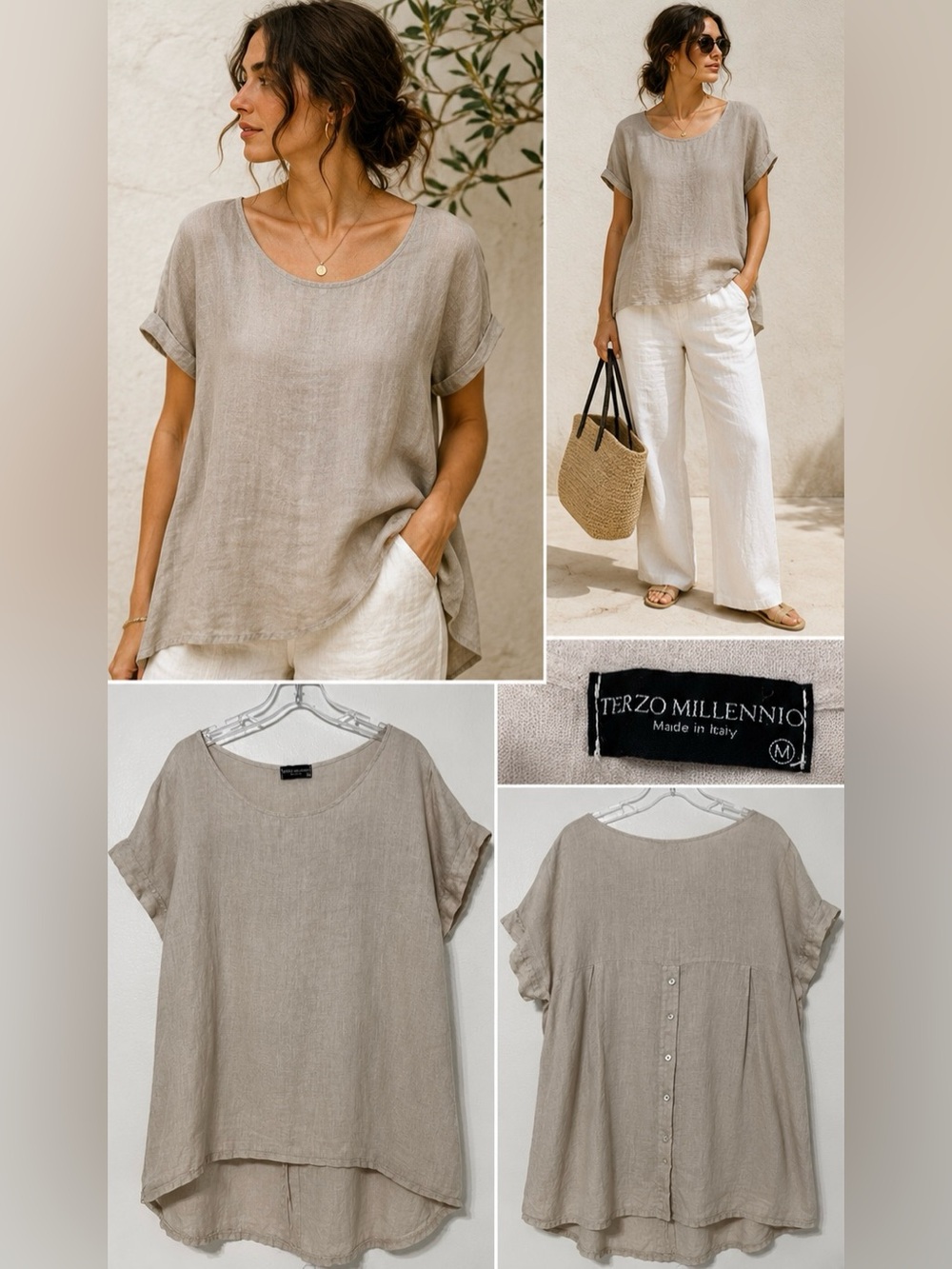 Terzo Millennio Italy 100% Linen Tunic Top Beige High Low Hem Size M